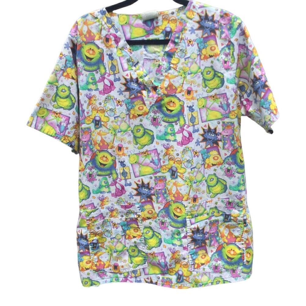 Cottonality womens scrub top 1X XL nurse pediatric‎ monster cartoon fun vet tech